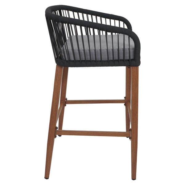 Barstuhl mit Armlehne, geflochtenem Sitz und Holzbeinen