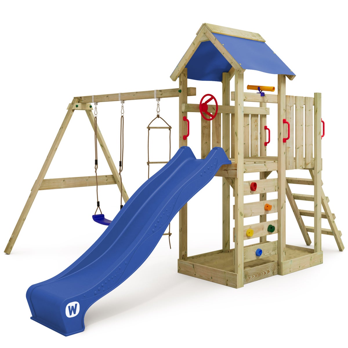 WICKEY Spielturm Klettergerüst MultiFlyer mit Schaukel und Rutsche, Kletterturm mit Sandkasten, Leiter und Spiel-Zubehör - blau