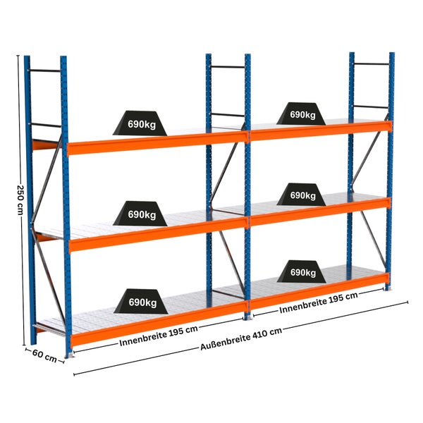 Blaues und oranges Schwerlastregal mit Gewichtsangaben