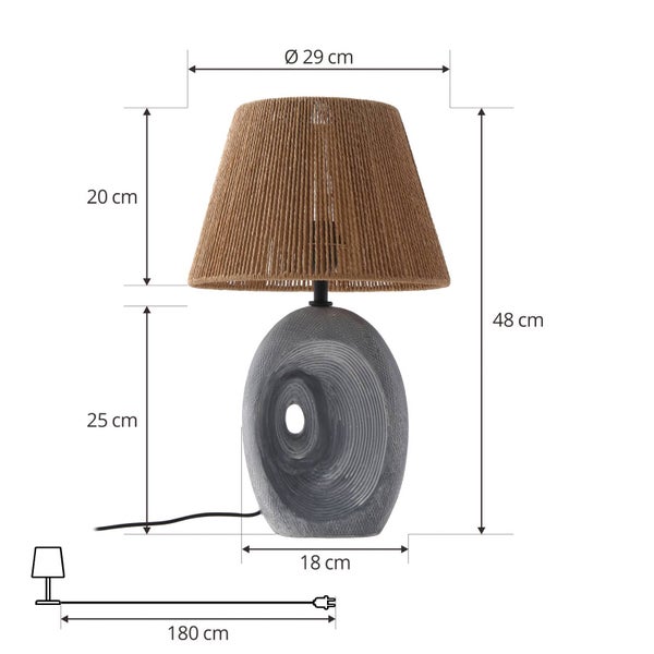 Tischleuchte mit braunem Seilschirm und grauem Steinfuß. Gesamthöhe 48 Zentimeter, Schirmdurchmesser 29 Zentimeter, Kabellänge 180 Zentimeter.