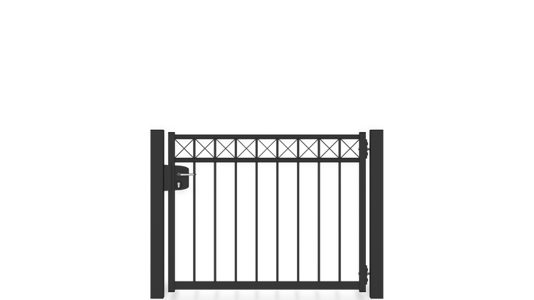 Gartentor ZAUNGURU BASIC-Linie Oldenburg Kreuz aus Metall, Höhe: 103cm, Breite: 150cm, 1-flügelig inkl. Pfosten, Schloss und Zubehör, Feuerverzinkt und in RAL 7016 Anthrazitgrau pulverbeschichtet