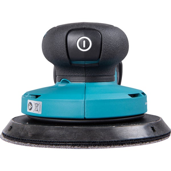 Türkis-schwarzer Exzenterschleifer mit ergonomischem Handgriff, Ein-Aus-Schalter und rundem Schleifteller.