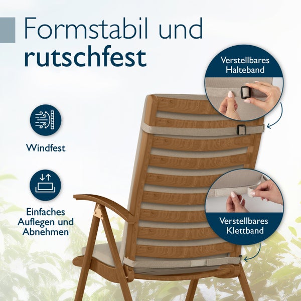 Rückansicht eines Gartenstuhls mit Befestigungsdetails für die Auflage: Formstabil, rutschfest, windfest, einfaches Anbringen und Abnehmen, verstellbares Halteband, verstellbares Klettband.