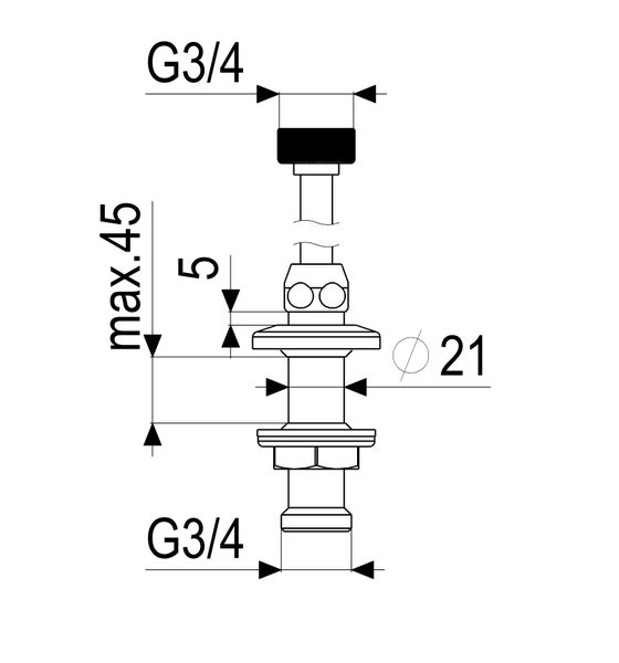 Technische Zeichnung eines Sanitärbauteils mit G 3/4 Zoll Anschlüssen, Maße maximal 45 Millimeter und Durchmesser 21 Millimeter.