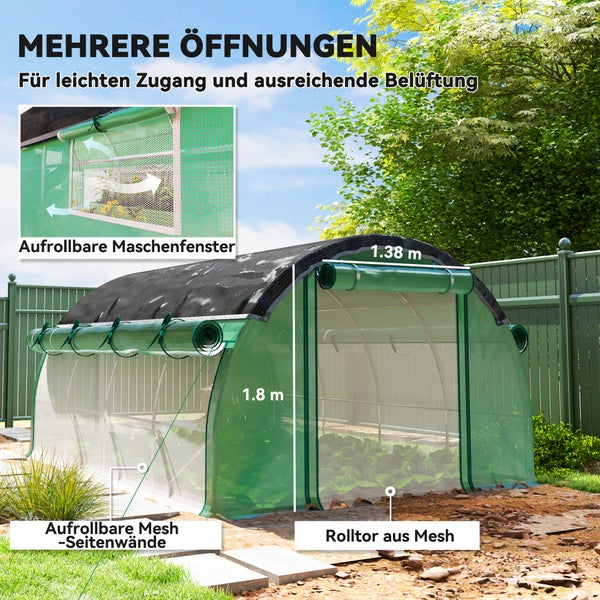 Outsunny Gewächshaus 4 x 3 x 2 m Foliengewächshaus mit 8 Fenster, Rolltüren, Aufrollbar Seitenwänden, UV-beständiger Folientunnel, Winterfest Tomatenhaus mit Erdanker, Grün