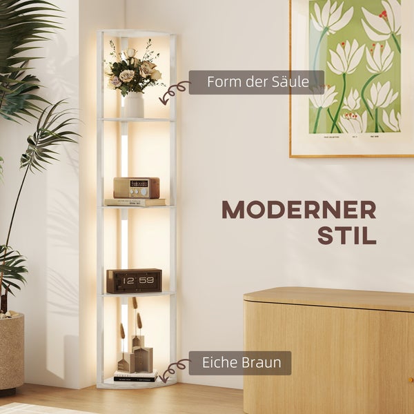 Beleuchtetes Eckregal in Säulenform aus brauner Eiche im modernen Stil mit Dekoration in einem hellen Zimmer.