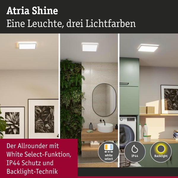 Quadratisches LED-Panel Atria Shine in Wohnzimmer, Bad und Waschküche mit White Select Funktion, IP44 Schutz und Backlight-Technik.