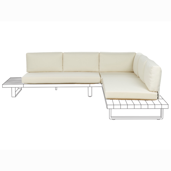 Ecksofa mit hellen Polsterkissen und gerastertem Gestell