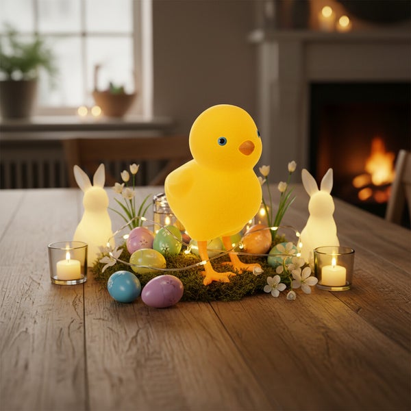 Osterdekoration mit beleuchtetem Küken, Hasenfiguren, Ostereiern und Lichterkette auf einem Holztisch vor einem Kamin.
