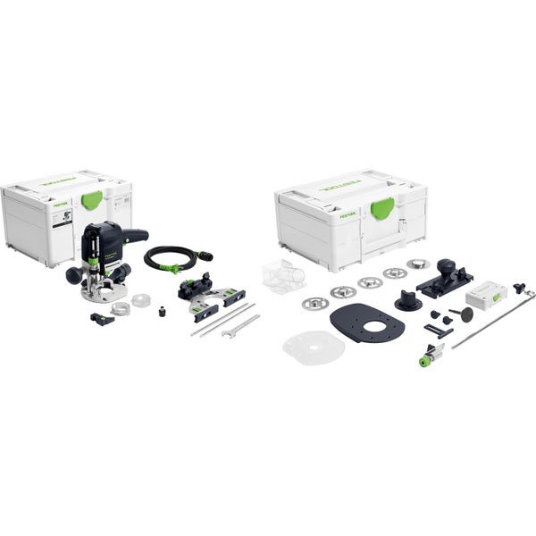 Festool Oberfräse Set mit zwei Systainer Koffern, Führungsschienen, Seitenanschlag und umfangreichem Zubehör wie Kopierringen.