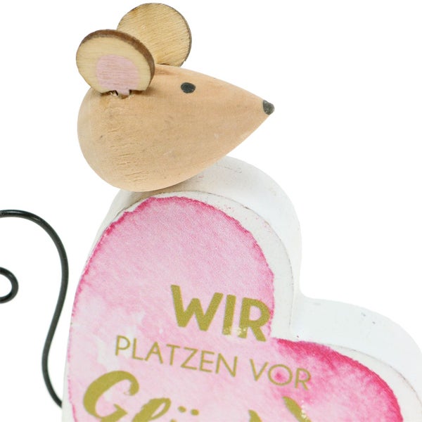 Dekorative Holzfigur einer Maus mit Herz und Schriftzug