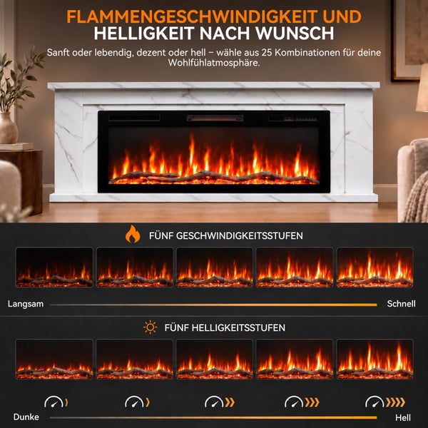 Elektrischer Kamin mit einstellbarer Flammengeschwindigkeit und Helligkeit in einem Wohnzimmer mit Kaminumrandung in Marmoroptik.