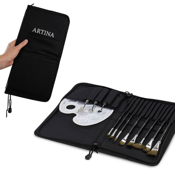 Artina Pinselset mit Malmessern und Palette in einer schwarzen Aufbewahrungstasche mit Reißverschluss.
