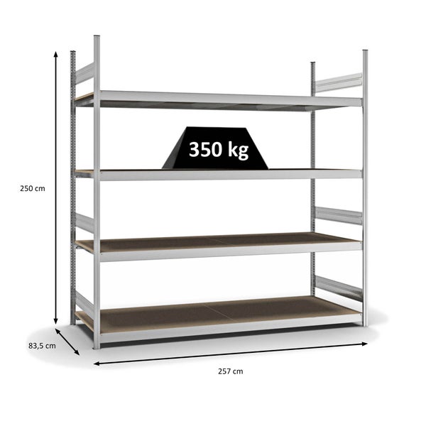 PROREGAL Weitspannregal Stecksystem T-Profil Grundregal HxBxT 250x250x80 cm 4 Ebenen Spanplatten Fachboden Fachlast 350 kg Verzinkt