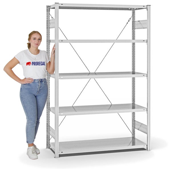 PROREGAL Fachbodenregal Stecksystem T-Profil Medium-Duty Grundregal HxBxT 200 x 130 x 50 cm 5 Ebenen Fachlast 230 kg Einseitig Nutzbar Lichtgrau