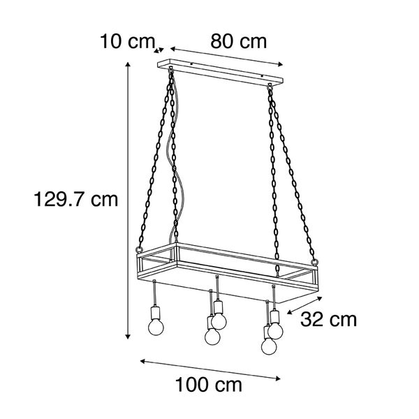 Technische Zeichnung einer Pendelleuchte mit den Maßen 10 x 80 x 129,7 x 32 x 100 Zentimeter
