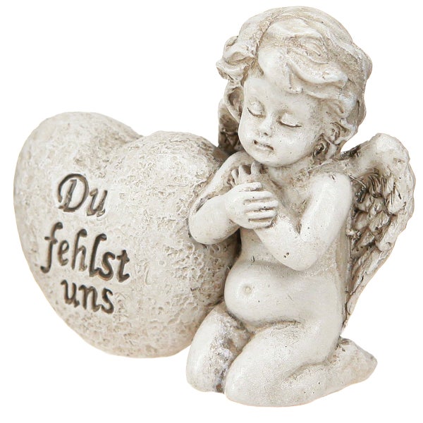 Engel-Figur mit Herz und der Inschrift 'Du fehlst uns'