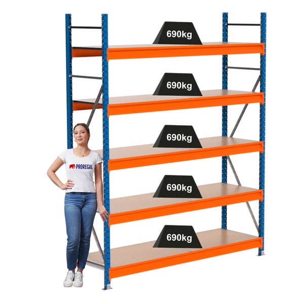 Lagerregal mit fünf Ebenen und einer Traglast von 690 Kilogramm pro Ebene