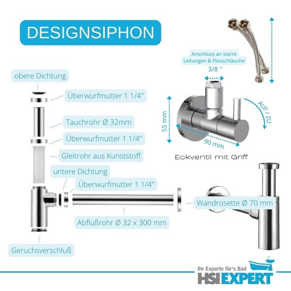 Technische Zeichnung eines Design Siphons mit Eckventil und Griff