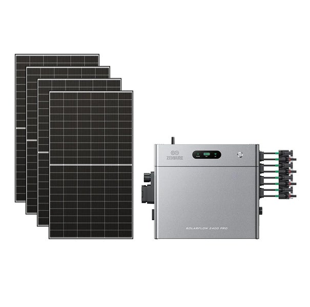 Zendure SolarFlow 2400 Pro Set mit vier Solarmodulen und Smart PV Hub für Balkonkraftwerke.