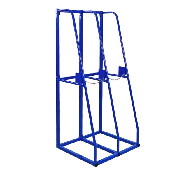 Gasflaschenständer aus blauem Stahl mit Sicherungsketten für zwei Gasflaschen.
