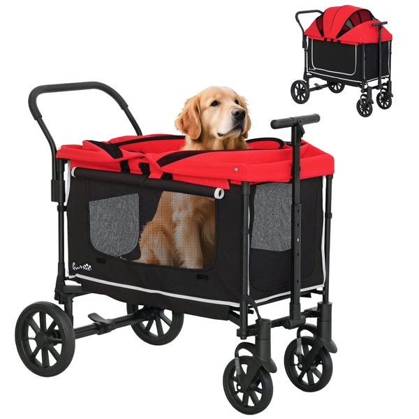 Hund im Hundeanhänger mit Netzfenstern und verstellbarem Griff