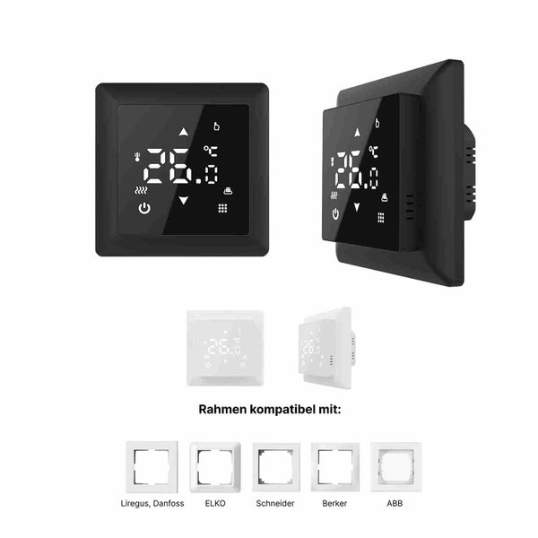 Abbildung eines schwarzen Raumthermostats mit digitaler Anzeige und kompatiblen Rahmen von Liregus, Danfoss, ELKO, Schneider, Berker und ABB
