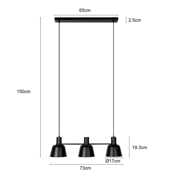 Abmessungen der schwarzen Pendelleuchte mit drei Lampen