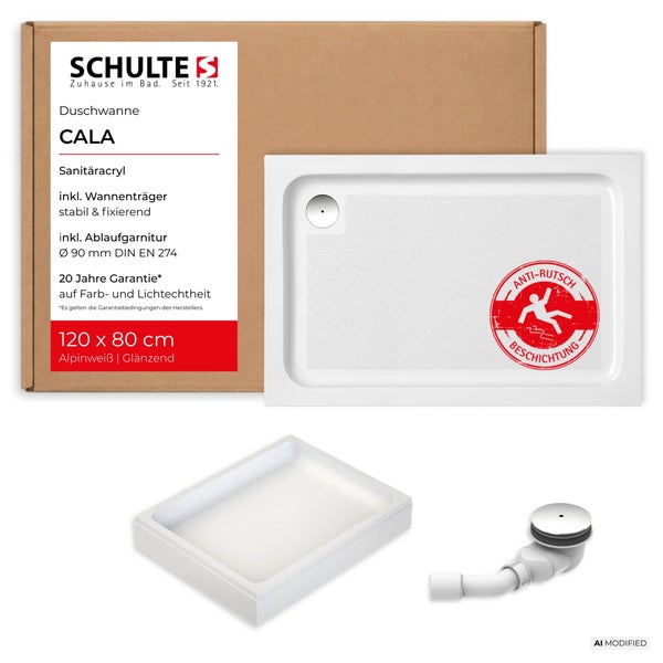 Schulte Duschwanne Cala aus Sanitäracryl 120 mal 80 Zentimeter mit Wannenträger und Ablaufgarnitur sowie Antirutschbeschichtung