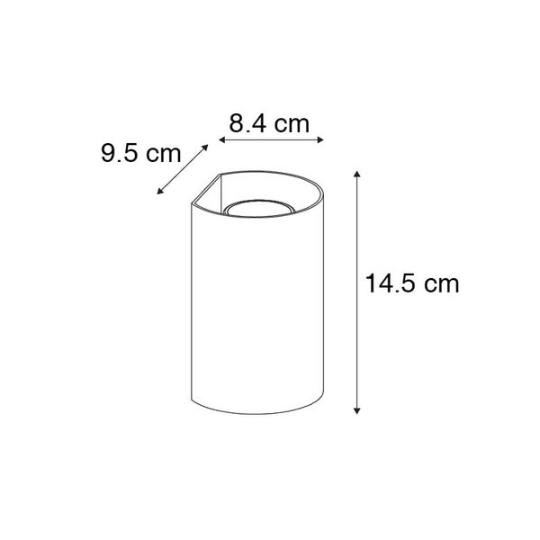 Skizze einer Wandleuchte mit den Maßen 14,5 cm Höhe, 8,4 cm Breite und 9,5 cm Tiefe.