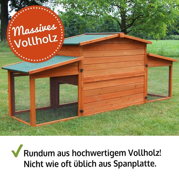 Kleintierstall aus massivem Vollholz mit wetterfestem Dach und integriertem Freilaufgehege für den Garten.