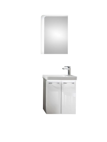 FACKELMANN MILANO Gäste WC Set 5 Teile / Waschbecken / Waschbeckenunterschrank / Waschbeckenbeleuchtung / Armatur / LED-Spiegel / Badmöbel Set mit Soft-Close / Korpus & Front: Weiß / Breite: 55 cm