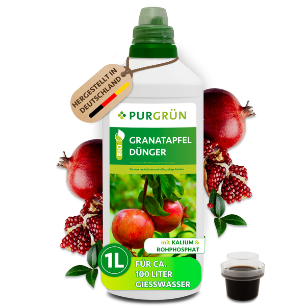 Purgrün Granatapfel Dünger, 1 Liter Flüssigdünger für den ökologischen Anbau mit Kalium und Rohphosphat, hergestellt in Deutschland.
