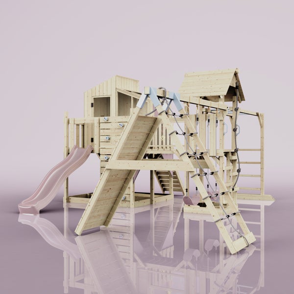 Holzspielhaus mit Rutsche, Kletterwand und Schaukel