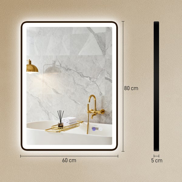 LED-Badspiegel mit schwarzem Rahmen, 80 Zentimeter hoch, 60 Zentimeter breit und 5 Zentimeter tief, mit abgerundeten Ecken.