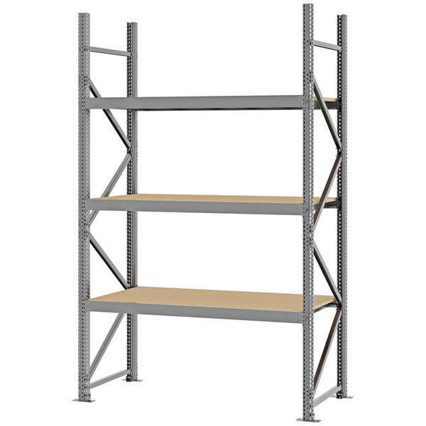Robustes Schwerlastregal aus Metall mit drei Holzböden für Werkstatt und Lager.