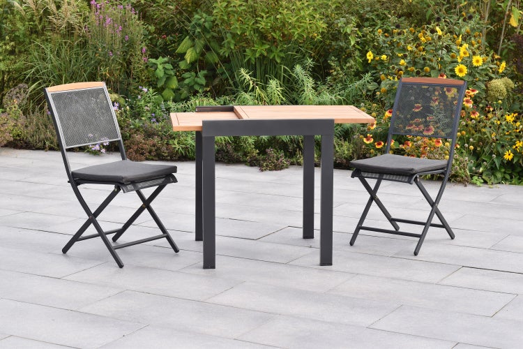 Patmos Set 5tlg., 2 Klappsessel, 2 Auflagen, Balkonausziehtisch 65 (130) x 65 cm, Aluminium/Stahl/Akazie