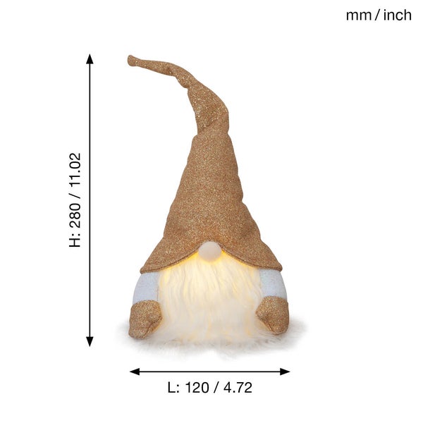 Dekorativer Zwerg mit Lichtern und goldenem Hut, Höhe 280 mm, Breite 120 mm.