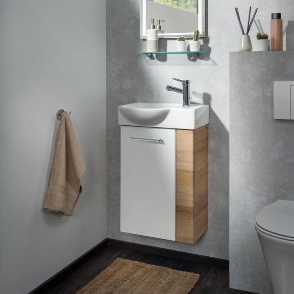 Fackelmann MILANO Gäste-WC Set 2 Teile – Waschtischunterschrank in Weiß mit Holz Braun mit Waschbecken aus Keramik – SBC Waschbeckenunterschrank schmal – Tür links – Hahnloch rechts – 45 cm breit