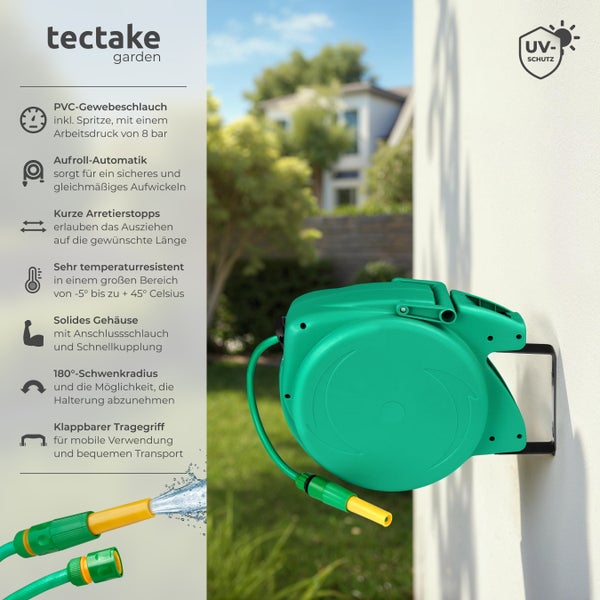 Tectake Garden Wand-Schlauchbox mit Spritze und UV-Schutz