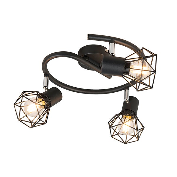 Deckenleuchte mit drei Strahlern und geometrischen Lampenschirmen