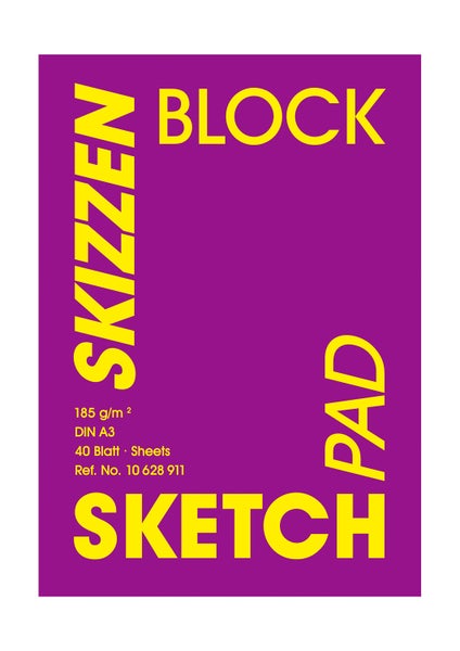 Skizzenblock DIN A3 mit 185 Gramm pro Quadratmeter Papier, lila Einband mit gelber Schrift, 40 Blatt.