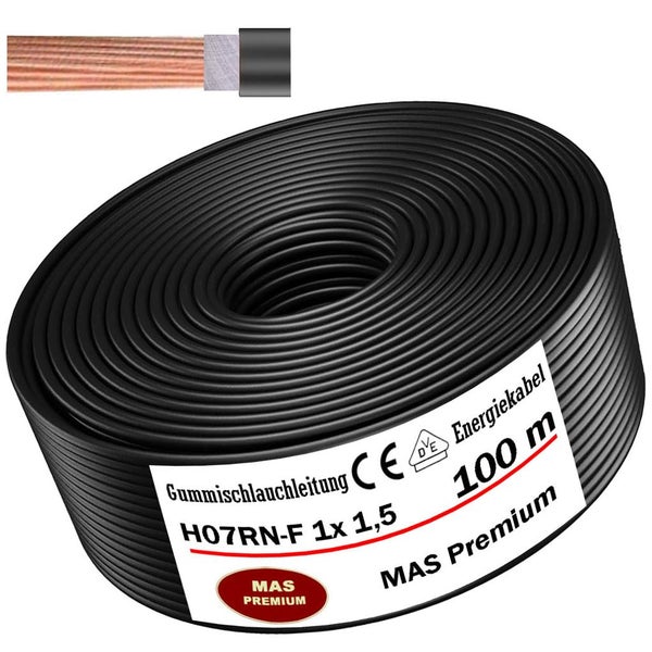 Schwarze Gummischlauchleitung H07RN-F 1 mal 1,5 Quadratmillimeter, 100 Meter Rolle mit Kupferader, MAS Premium Energiekabel.