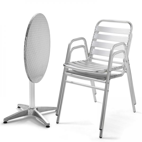 Bistro-Set aus Aluminium mit rundem Klapptisch und stapelbaren Gartenstühlen.