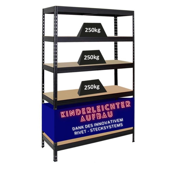 PROREGAL Schwerlastregal Rivet HxBxT 180 x 120 x 45 cm Fachlast 250 kg Innovatives Stecksystem Schwarz