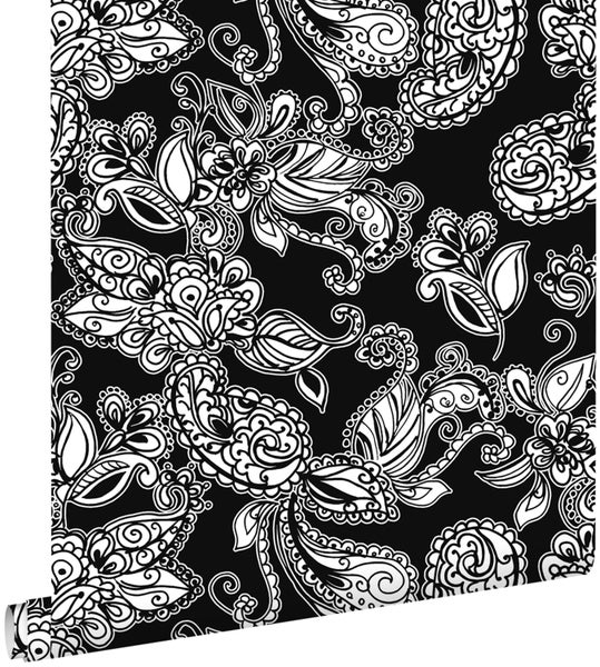 ESTAhome Tapete funky Blumen und Paisleys Schwarz und Weiß - 53 cm x 10,05 m - 136844