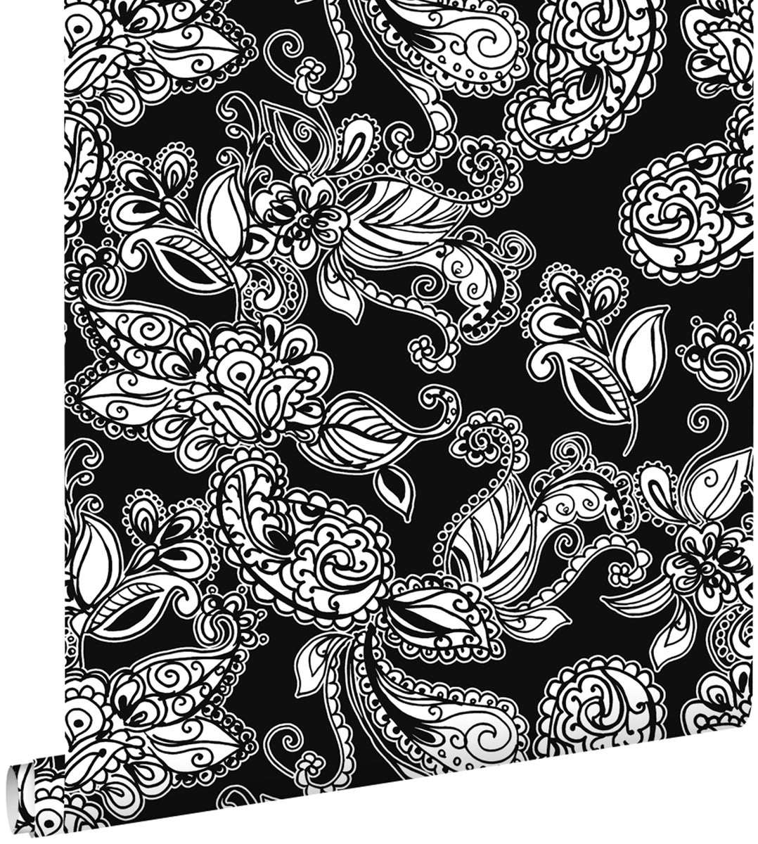 ESTAhome Tapete funky Blumen und Paisleys Schwarz und Weiß - 53 cm x 10,05 m - 136844