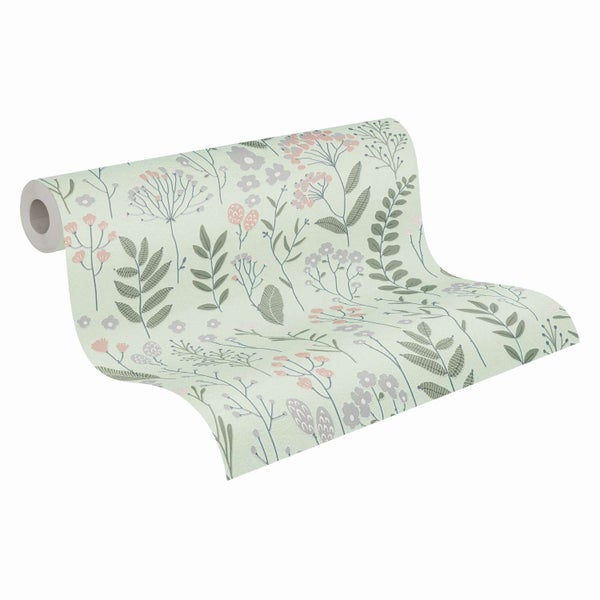 Tapetenrolle mit floralem Motiv und Blättern in Vliesoptik