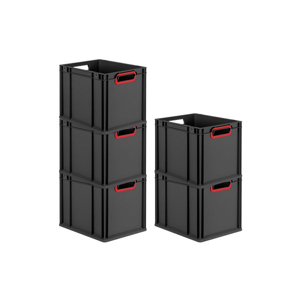 PROREGAL SparSet 5x Eurobox NextGen Color, HxBxT 32x30x40cm, 30 Liter, Griffe rot offen, Schwarz, Eurobehälter, Transportbox, Transportbehälter, Stapelbehälter