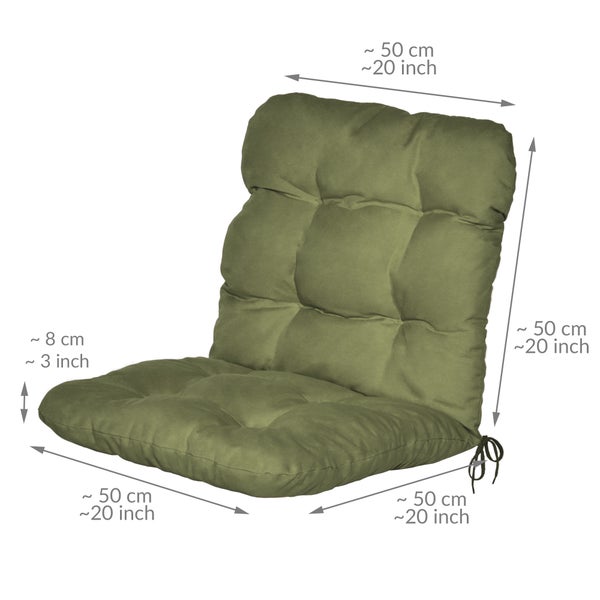 Grünes gepolstertes Sitzkissen für Gartenstühle mit Maßen: Breite circa 50 cm, Tiefe 50 cm, Rückenlehne 50 cm und Dicke circa 8 cm.